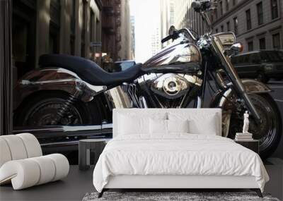 A shiny silver Harley Davidson motorcycle parked on a city street. The motorcycle is parked in front of a building and is surrounded by cars Wall mural