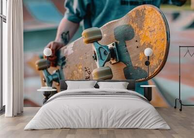 A skateboarder is holding a skateboard with the letters 