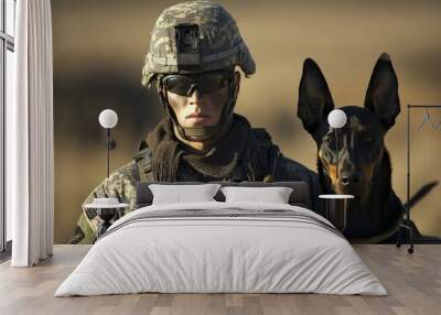 A soldier is standing next to a dog. The soldier is wearing a helmet and a camouflage jacket. The dog is a large black and brown dog Wall mural