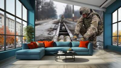 A soldier is working on a train track with a group of other soldiers. The scene is set in a muddy area with a few cars in the background Wall mural