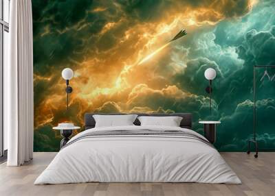 A space scene with a jet flying through a stormy sky. The sky is filled with clouds and the jet is leaving a trail of smoke behind it Wall mural