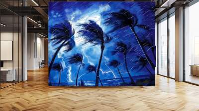 A stormy sky with a blue background and palm trees. The sky is filled with lightning and the palm trees are swaying in the wind Wall mural