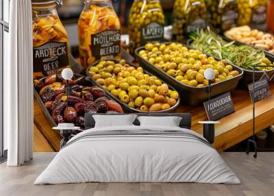 A table with many different types of olives and pickles. The olives are in a variety of colors and shapes, and the pickles are in jars Wall mural