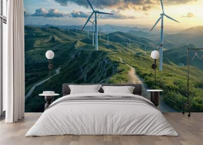 A wind farm with two wind turbines on a hillside. The wind turbines are tall and are surrounded by a lush green landscape. Concept of harmony between nature and technology Wall mural