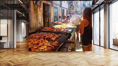 A woman is looking at a grill full of food Wall mural