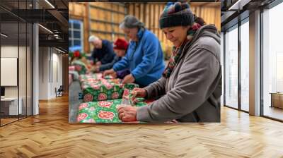 A woman is wrapping a present with a green and red design. She is smiling as she works Wall mural