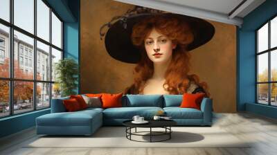 A woman with red hair and a black hat is standing in front of a brown background. The painting has a vintage feel to it, and the woman's pose and the hat give off an air of elegance and sophistication Wall mural