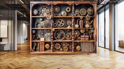 A wooden shelf with many gears and books. The shelf is a work of art Wall mural