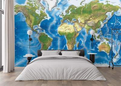 A world map with green mountains and blue oceans. The map is very detailed and shows the continents and oceans in great detail Wall mural