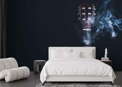 Acoustic guitar in smoke on the black background. musical instrument. strings on the guitar neck Wall mural