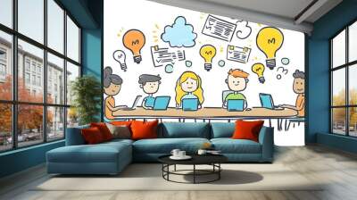 A simple doodle of team members around the table, each with their own laptop and office supplies, talking about ideas in small bubbles above them Wall mural