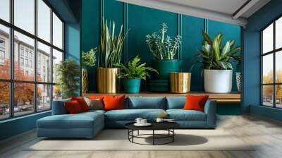 A variety of potted plants on wooden tables against an emerald green wall, creating a vibrant and fresh indoor garden setting with an abundance of plant life Wall mural