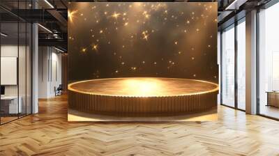 The golden stage is illuminated by light, with the top of it surrounded in a circular pattern and a podium at its center Wall mural