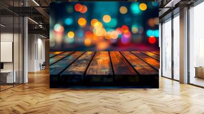 Wooden table with a blurred background of night city lights, creating a colorful bokeh effect. Designed for product display in e-commerce advertising Wall mural