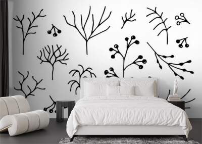 Hand-drawn floral vector drawing in black outline. A set of natural elements for decoration, creating patterns. Winter twigs, trees without foliage, branch, berries. Wall mural