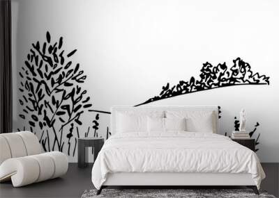 Simple black outline vector drawing. Summer landscape, nature. Hills, trees on the horizon. Bushes, meadow grass and vegetation. Sketch in ink. Wall mural