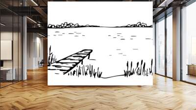 Wooden pier on the lake, pond, calm water, reeds. Wildlife, recreation and fishing. Simple black outline vector drawing. Sketch in ink. Wall mural