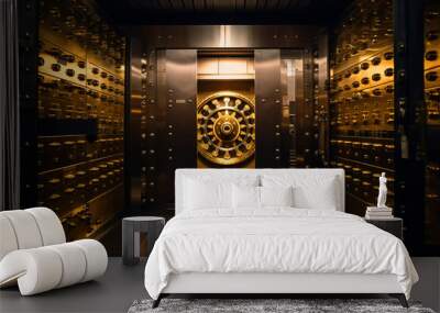 Bank vault door. Safe deposit boxes room in bank vault. Inside in Bank vault room with Dollars and euro money. Store Gold in storage. Federal Reserve Bank, Ai Generative illustration. Wall mural