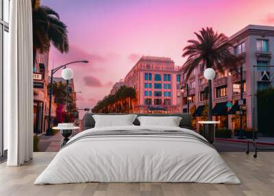 Beverly Hills on sunset. Car traffic on street in city of California, USA. Luxury car on Beverly Hills street. Streets with palm trees in California, Los Angeles, Hollywood. Ai generative illustration Wall mural