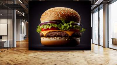 burger on a black background, juicy burger with sesame, close-up. delicious burger isolated on black Wall mural