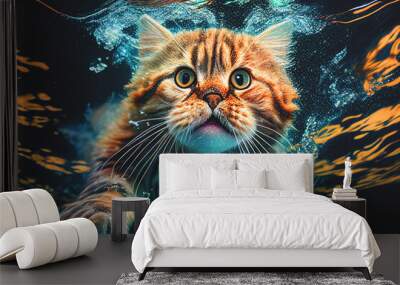 Cat swims underwater in turquoise sea. Cat hunting for fish in aquarium. Funny surprised cat face undersea. Brave cat hunts for fish in river. Fluffy kitten swimming under water, Generative AI Wall mural