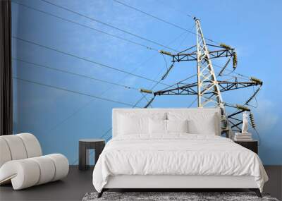 Electricity concept, high voltage power lines. High voltage electric transmission pylon silhouetted tower. Wire electrical energy Wall mural