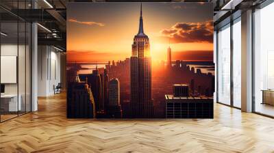 Empire State Building, aerial view. Manhattan Financial District Skyline. New York City skyscraper at sunset. NYC skyscrapers Cityscape. Midtown Manhattan, New York city, Ai Generative illustration. Wall mural