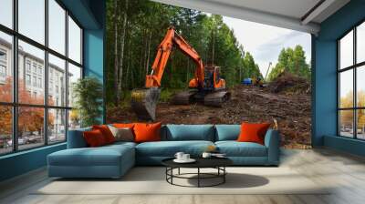 Excavator clearing forest for new development. Orange Backhoe modified for forestry work. Tracked heavy power machinery for forest and peat industry. Construction Gas Pipeline Project Wall mural