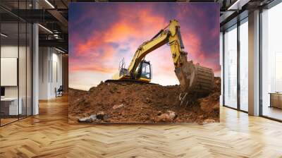 Excavator in open pit mining. Excavator on earthmoving on sunset. Loader on excavation. Earth-Moving Heavy Equipment. Earth mover ar construction site. Backhoe Loader on Road construction. Wall mural