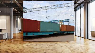 Freight train, transportation of railway cars by cargo containers  shipping. Railway logistics concept Wall mural