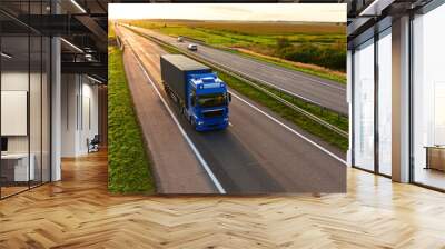 Freight truck. Truck with semi-trailer driving along highway. Goods delivery by roads. Services and Transport logistics. Lorry on delivery. Long Self-driving lorries. Shipping freight logistics. Wall mural