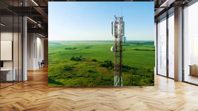 Mobile Tower installation. Cell site and Telecom Base Station. 5G internet online generation. Health Hazards Caused By Mobile Tower Radiation. Telecommunications and Wireless network. Wifi antenna. Wall mural