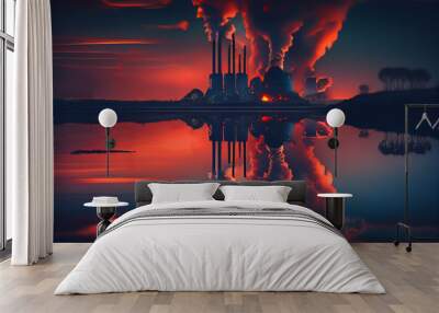 Nuclear power plant at sunset Generate electricity. Dusk, Nuclear chimneys smoke. Pollute air. Smoke pipes of industrial plant in environment. Thermal power station with nuclear reactor. AI Generative Wall mural