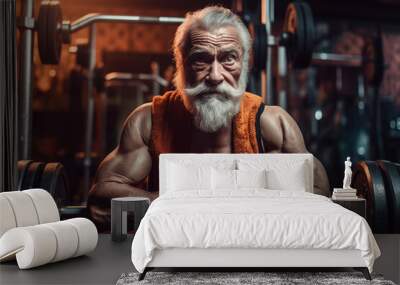 Old athle Muscula. Fitness man at workout. Elderly pensioner old man smiling in gym. 60-70 Year Old Bodybuilder. Funny old grandfather in gym. Pensioner with smile lifts weight in sports club. Wall mural