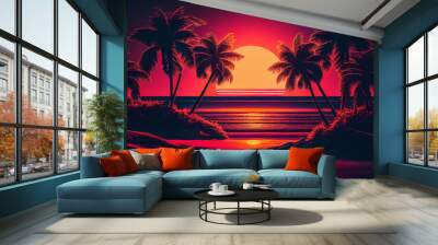 Palms beach on sunset design illustration. Sunset on Beach with Palm Tree at sea, vacation holiday design. Miami beach with Palm tree on sunset, Ai Generated Illustration. Wall mural