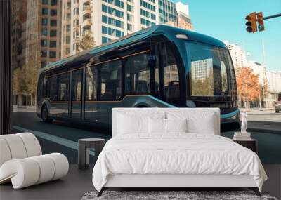 Self driving bus. Autonomous bus driving in city. Future Electric passenger buse. Self-driving passenger electric bus. Public electric E-bus. Driverless bus line with 5g autonomous driving buses. Wall mural