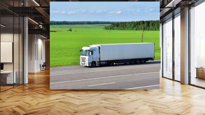 Truck with Semi-trailer driving along highway. Goods Delivery by roads. Services and Transport logistics. Object in motion, soft focus. Wall mural