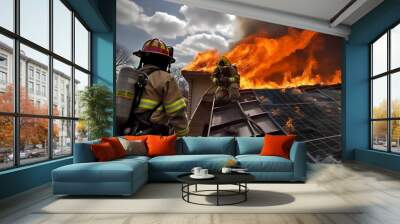 A house fire with solar panels on the roof, being tackled by a team of firefighters and firemen. Generative Ai t Generative Ai Wall mural