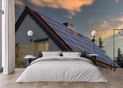 Beautiful new houses with solar panels in a suburban area. Evening view. Wall mural