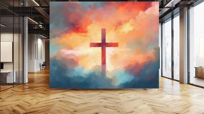 Illustration of Christian cross against clouds, representation of faith. Generative Ai. Wall mural