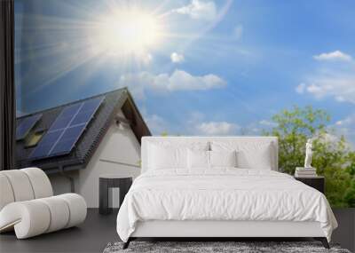 Modern house with solar panels. Clear sky, sun. Web banner, copy space. Wall mural