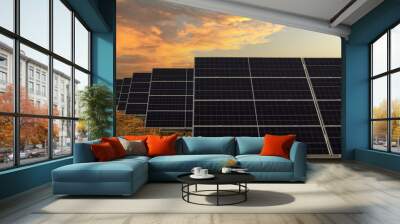 Pannel solar with full power on farm. Photovoltaic power generation, sunset  Row Wall mural