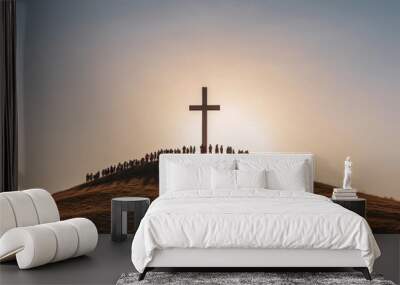 The silhouette of the cross - a symbol of God's love for people. A large Christian cross on a hill Wall mural