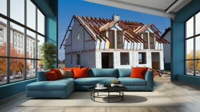 Wooden roof construction, for home, house building. Wall mural