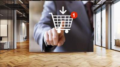 Businessman push web button shopping cart online buy Wall mural