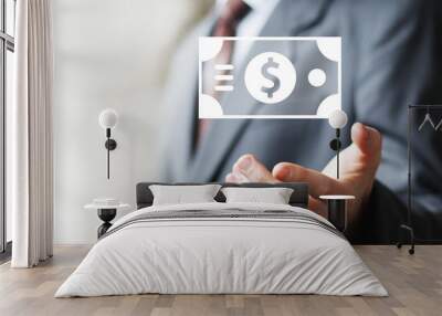 Businessman pushing button dollar online network icon Wall mural