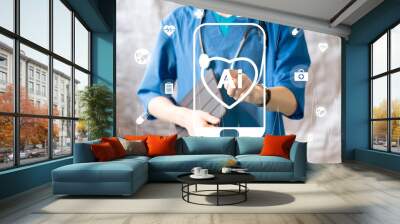 Doctor pressing button heart pulse artificial intelligence healthcare on smartphone Wall mural