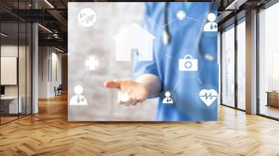 doctor pushing button house home virtual healthcare network on virtual panel Wall mural