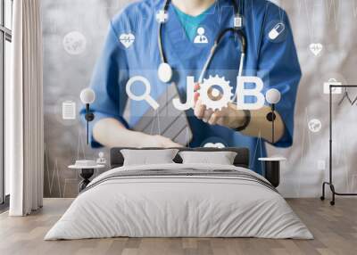 Doctor pushing button job search in healthcare network on virtual panel medicine Wall mural