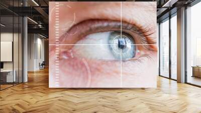 Eye monitoring and eye scan treatment. Biometric scan of male eye closeup. Wall mural